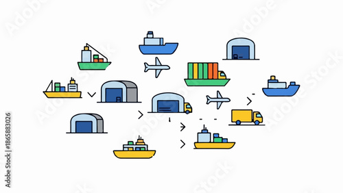 Interconnected global logistics network showing varied transport modes and storage