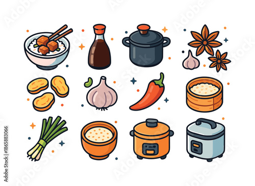 Asian Pork Icons. Asian braised pork. Colorful isometric vector icons set of Asian braised pork: bowl of braised pork with rice, chopsticks resting on bowl,