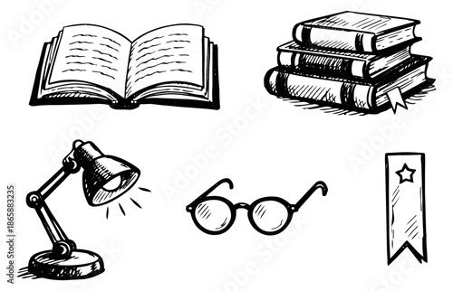 Hand drawn reading and study set featuring an open book, stacked books, a desk lamp, eyeglasses, and a bookmark for education and learning
