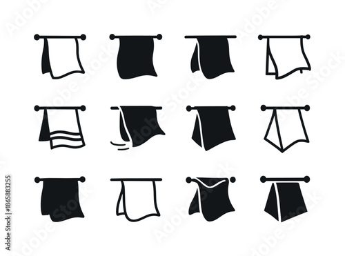 Towel Icon Variations. Hanging a towel to dry. Icon set. Set Logo of hanging a towel to dry: towel blowing in breeze. harmonious logo variations of the same
