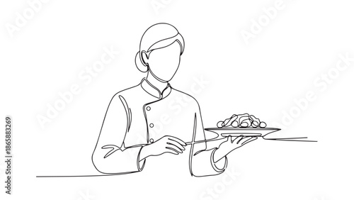 Chef presenting a delicious plate of food with artistic flair, a single line drawing capturing culinary artistry
