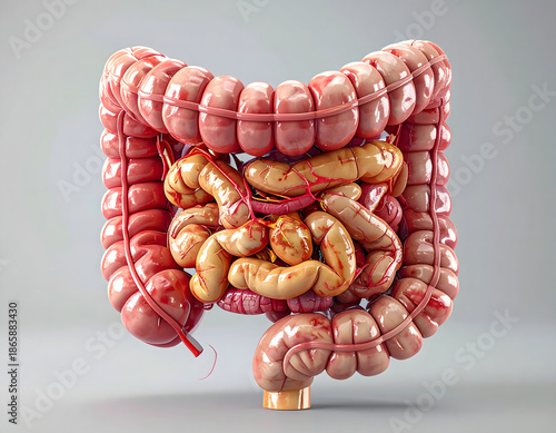An anatomical view of the human intestine showcasing a detailed view of its different parts. It is a vital component of the digestive system 