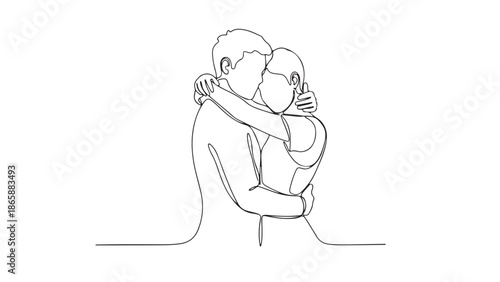 Continuous line drawing depicting a loving couple in a tender embrace, symbolizing deep connection, affection, and emotional intimacy