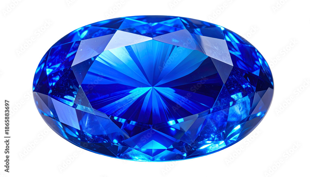 Fototapeta premium Oval-cut, deep blue gemstone, isolated on black background, sparkling facets