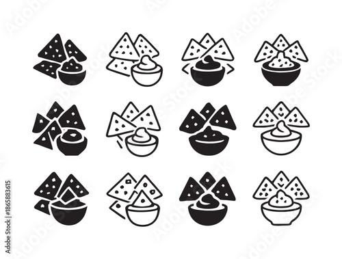Loaded Nachos Logos. Loaded nachos. Icon set. Set Logo of Loaded nachos: avocado dip. harmonious logo variations of the same emblematic concept, each with