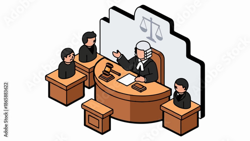 Courtroom scene with judge, gavel, and participants in a formal hearing