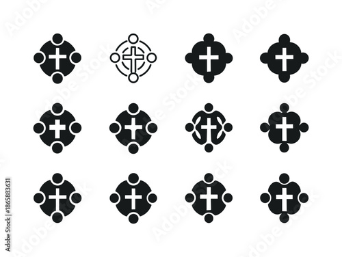 Catholic Charities Icons. Catholic charities. Icon set. Set Logo of Catholic charities: community circle. harmonious logo variations of the same emblematic