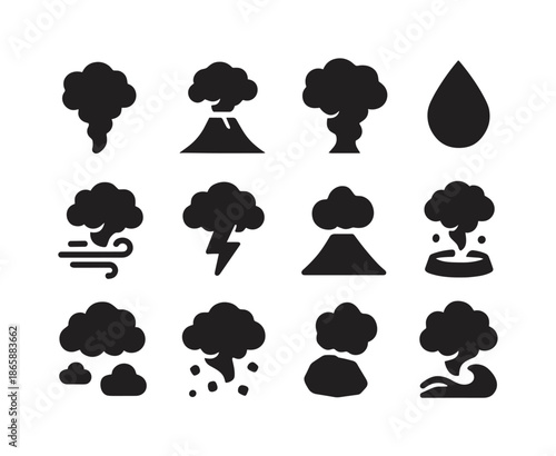 Volcanic Ash Icons. Ash Clouds. Solid icon set of ash clouds: smoke, volcano, ash plume, droplet, wind swirl, lightning bolt, mountain, crater, debris, sky,