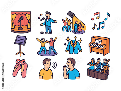 Musical Theater Icons. Musical theater. Colorful isometric vector icons set of musical theater: microphone on stage, actor singing, music stand, choreographed