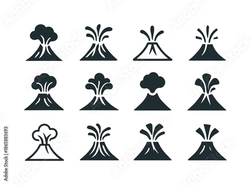 Volcano Logo Variations. Volcanic eruption. Icon set. Set Logo of Volcanic eruption: magma burst. harmonious logo variations of the same emblematic concept,
