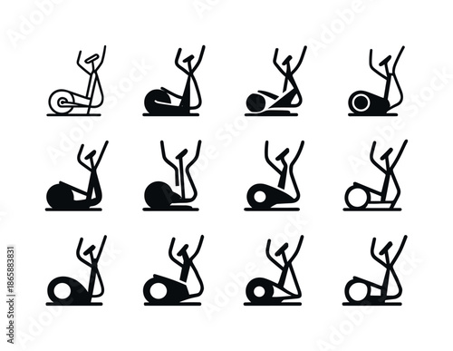 Elliptical Machine Icons. Elliptical machine. Icon set. Set Logo of elliptical machine: side profile of elliptical trainer. harmonious logo variations of the