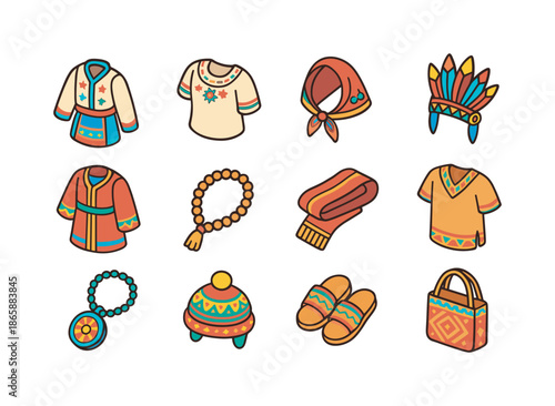 Cultural Heritage Icons. Cultural heritage. Colorful isometric vector icons set of cultural heritage: folk costume, embroidered blouse, traditional scarf,