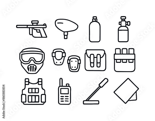 Paintball Gear Icons. Paintball gear. Line icon set of Paintball gear: marker gun, loader, CO2 tank, air regulator, protective mask, knee pads, elbow pads,