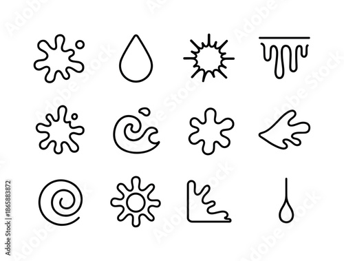 Monochrome Paint Splashes. Splash of paint. Line icon set of splash of paint: paint splash, droplet, splash burst, dripping line, splatter spot, wave splash,