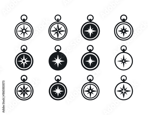 Vintage Compass Icons. Vintage compass. Icon set. Set Logo of vintage compass: compass case lid. harmonious logo variations of the same emblematic concept,