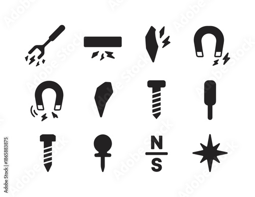 Magnetic Tools Icons. Magnetic tools. Solid icon set of magnetic tools: magnetic picker, magnet strip, bar magnet, horseshoe magnet, metal shard, screw, bolt,