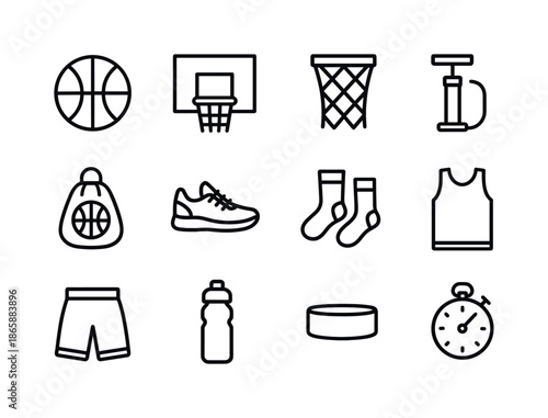 Basketball Equipment Icons. Basketball equipment. Line icon set of Basketball equipment: basketball ball, hoop and backboard, net detail, pump, ball bag,