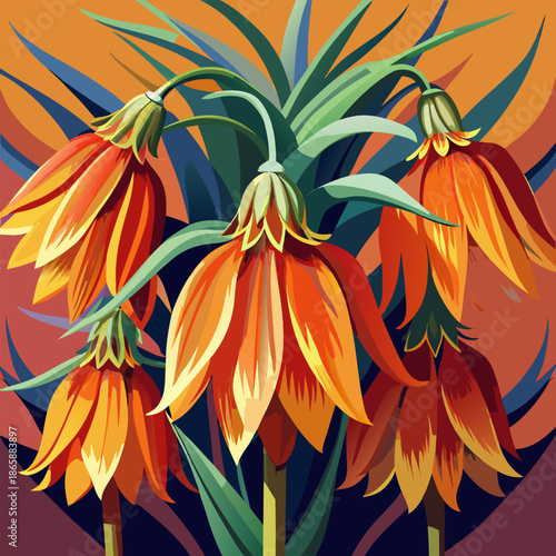 Stylized illustration of vibrant orange crown imperial flowers with green foliage
