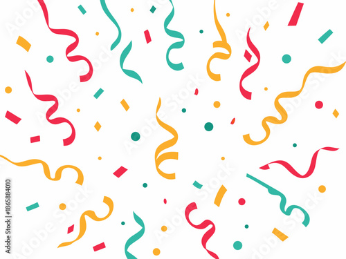 Colorful confetti streamers and dots scattered across a clean white background