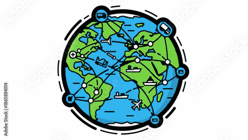 Global network connecting continents with transport symbols and routes