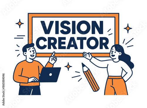 Bold Vision Banner. Vision creator banner, flat vector illustration, bold oversized text inside rectangular frame, cartoon characters standing and pointing at