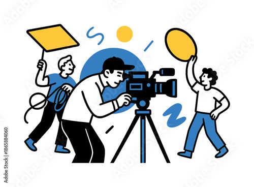 Cinematic Camera Crew. Camera setup. A cinematographer peers through a mounted camera while assistants handle cables and light reflectors float nearby. Modern