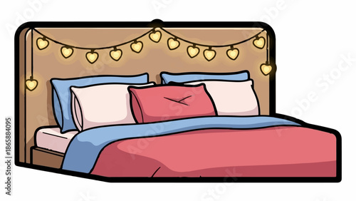 Cozy bed with heart-shaped fairy lights