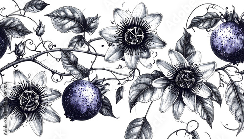 Elegant monochrome botanical illustration passionflowers, fruit, vines