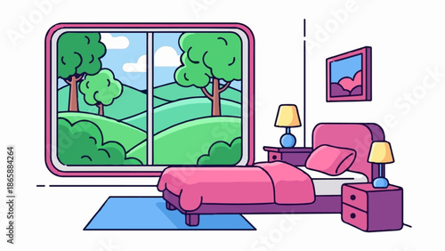 Cozy bedroom with a vibrant landscape view through the window