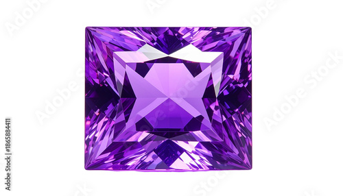 A close-up of a sparkling square-cut deep purple gemstone