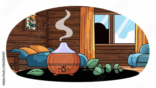 Cozy cabin interior with an aromatherapy diffuser and plush seating