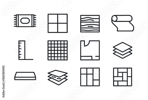 Floor Design Icons. Floor Design. Line icon set of Floor Design: rug, tile, wood plank, carpet, measurement ruler, pattern sample, room plan, flooring layers,
