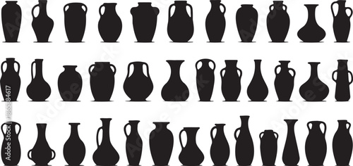 Set of 30 Black Silhouette Ancient Greek Vases and Pottery Vector