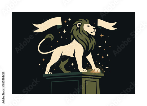 Majestic Lion Display. Lion on pedestal. Elevated pose with delicately glowing lines around paws; banners fluttering above. Abstract sparkles building energy.