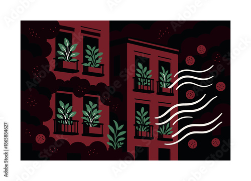Urban Air Renewal. Urban air purification. Plants in windows and balconies absorbing smog-like clouds; clean breeze lines emerging. Floating dust icons