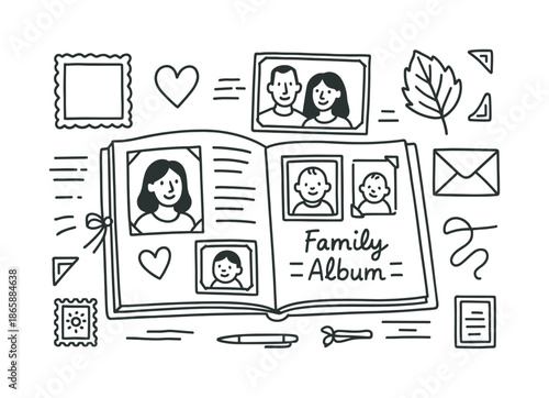 Family Album Doodles. Family album. Hand-drawn doodle illustration family album open album, portraits, baby photo, heart sticker, ribbon, frame, handwriting
