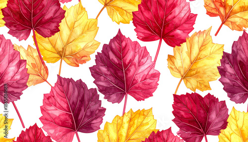Watercolor leaves in reds, yellows, and burgundy against a black background