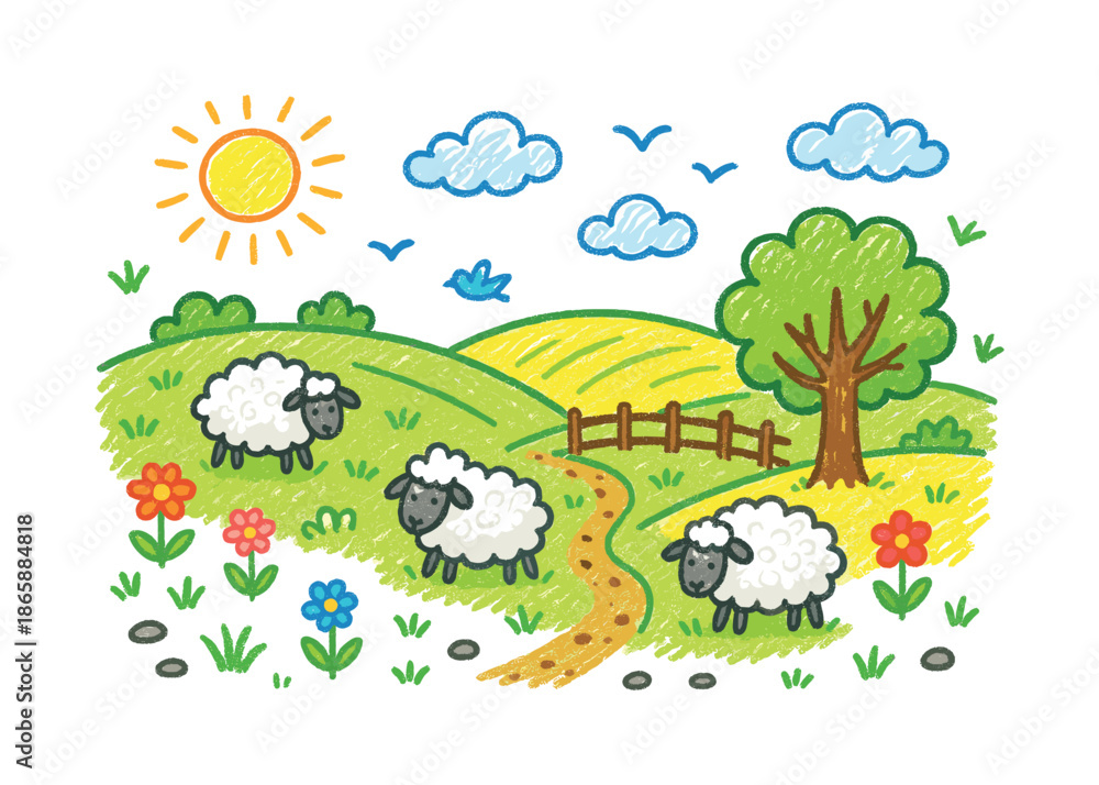 Naklejka premium Whimsical Countryside Scene. Countryside fields. Colorful Hand-drawn doodle Children illustration Countryside fields hills, sheep, flowers, tree, wooden fence,
