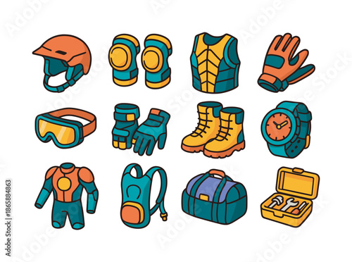 Colorful Sports Gear Icons. Action sports gear. Colorful isometric vector icons set of Action sports gear: helmet, kneepads, impact vest, gloves, sports