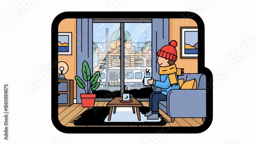 Cozy indoor scene with a person enjoying a warm drink while snow falls outside a large window