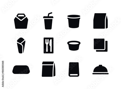 Takeout Packaging Icons. Takeout packaging. Solid icon set of Takeout packaging: takeout box, drink cup, straw, soup container, pizza box, paper wrap, utensils