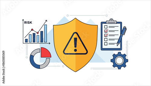 Illustration of risk management and data analysis with a shield, charts, and a checklist, symbolizing security and compliance.