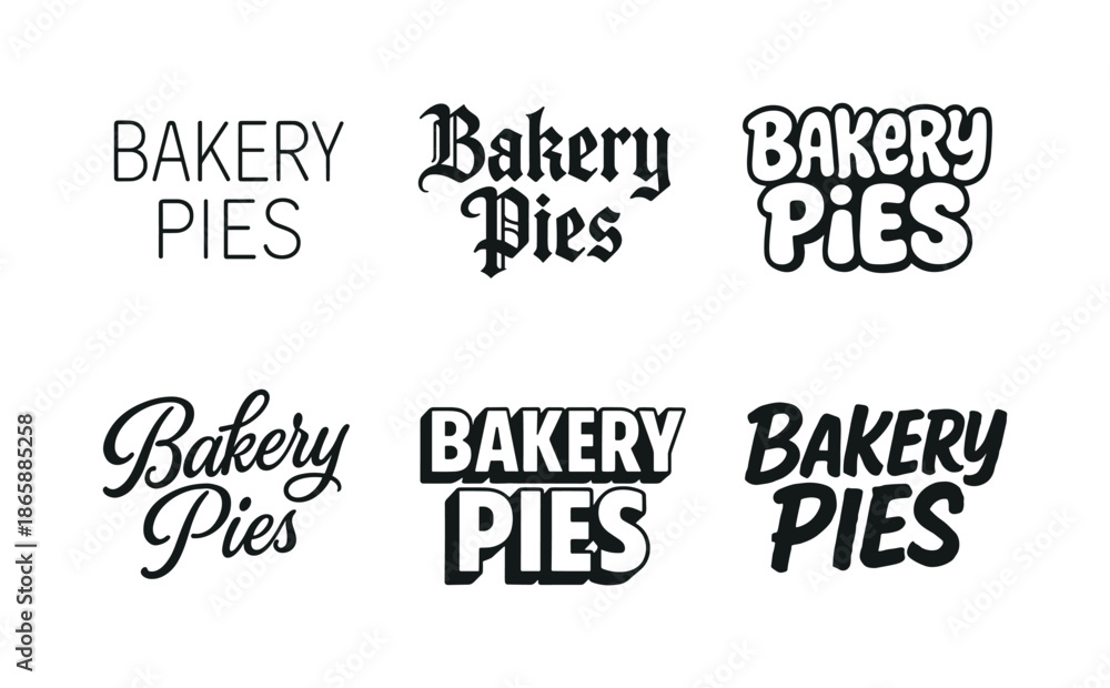 Fototapeta premium Artistic Bakery Lettering. Bakery pies. Set lettering. harmonious lettering variations of the same emblematic concept, each with different artistic