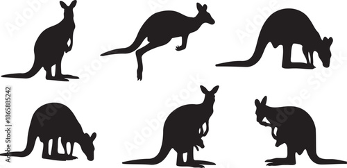 Set of 6 Black Kangaroo Silhouettes Vector