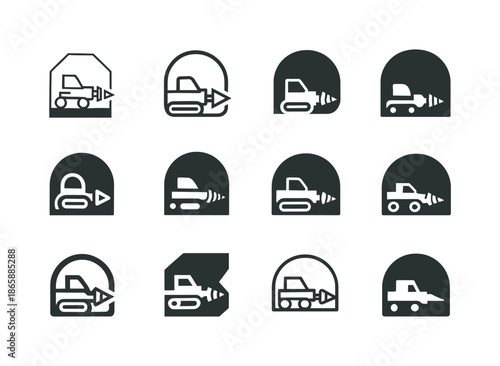 Underground Mining Logos. Underground Mining Techniques. Icon set. Set Logo of Underground Mining Techniques: drilling machine underground. harmonious logo