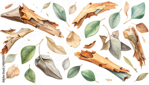 Watercolor illustration of fallen twigs and leaves scattered on a dark surface