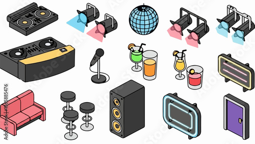 Isometric illustration of nightclub and bar elements including DJ equipment, lights, and seating