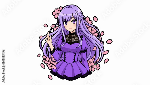Pixelated anime girl with purple hair and dress, surrounded by cherry blossoms