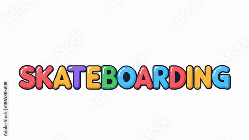 Colorful bubbly letters spell out "SKATEBOARDING" against a white background