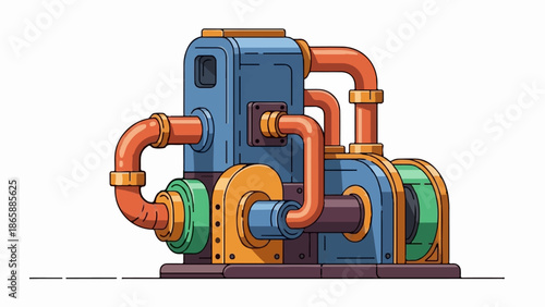 Colorful cartoon industrial machine with pipes and gears